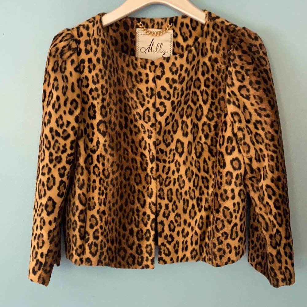 Milly Size 6 Faux Leopard Cropped Jacket